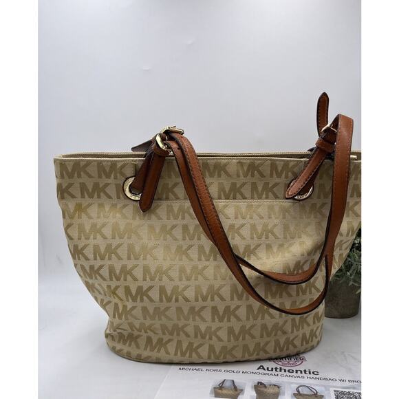 Michael Kors Authenticated Jet Set Canvas Leather 38t2xttt2j Beige Brown Tote - Picture 15 of 15
